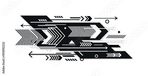 dynamic poster design, abstract arrows lines and geometric shapes conveying motion and energy, black and white retro realistic elements with white outline