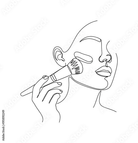 Foundation Brush Application. Minimalistic one-line drawing makeup brush gently applying foundation across a woman's cheek, continuous single black line on