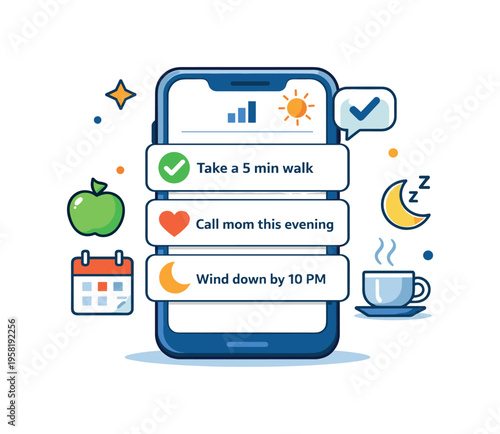 AI assisted daily insights shown through a smartphone receiving gentle recommendations, conveying usefulness, trust, and small improvements in everyday life.