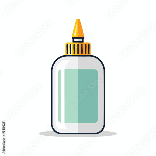 Flat icon of a white glue bottle with a yellow applicator tip and blue liquid