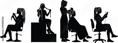 Hair care silhouette, woman brushing hair, braids styling, salon hairdresser, flat iron straightening, beauty grooming, hairstyle illustration