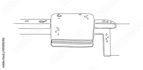 Gym Towel. Minimalistic one-line drawing towel lying on a workout bench with water droplets, continuous single black line on white background, simple outline