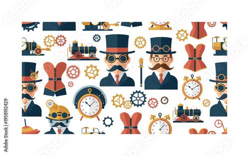 steampunk time travel seamless pattern, Victorian-era inventors, gears, clocks, steam engines, top hats and corsets arranged in a repeating pattern, white