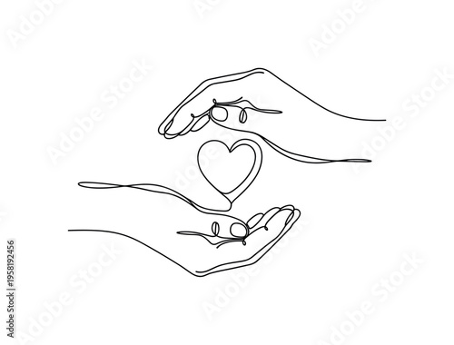 Holistic Healing Gesture. Minimalistic one-line drawing calm hands surrounding a small heart symbolizing holistic healing touch, continuous single black line