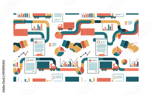 global trade partnerships seamless pattern, agreements, cargo containers, trucks, handshake icons and financial charts arranged in a repeating pattern, white