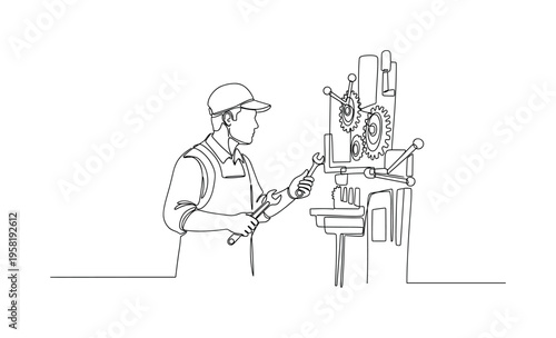 Industrial Tools Check. Minimalistic one-line drawing factory technician using tools to inspect and maintain equipment, continuous single black line on white