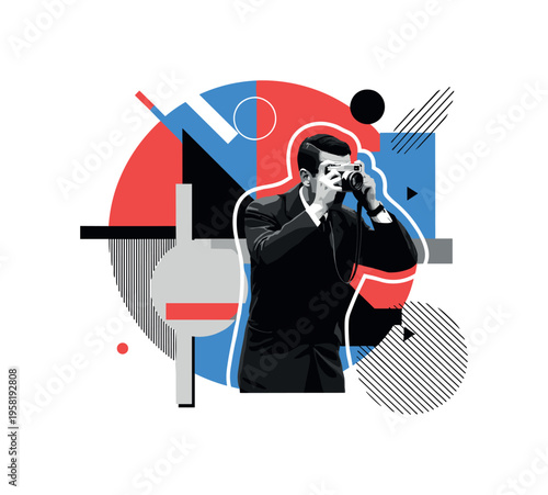 person taking photo on street abstract circles lines and geometric shapes representing candid urban moments black and white retro human figure with white
