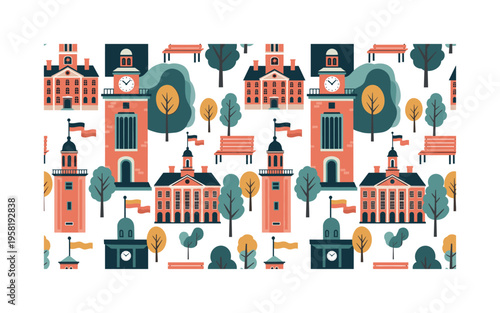 historic town hall architecture seamless pattern, old municipal buildings, clock towers, benches, flags and trees arranged in a repeating pattern, white