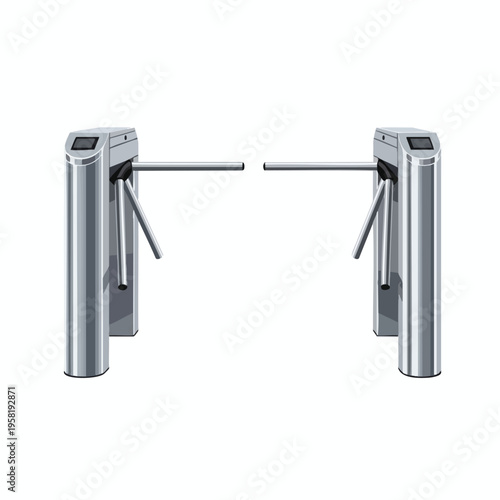 Two sleek, modern, metallic turnstiles with digital displays face each other