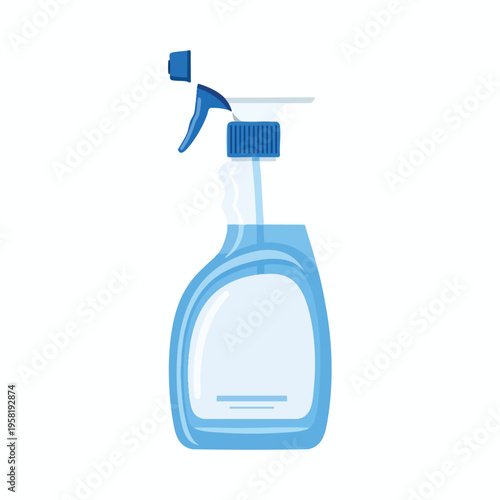 Blue spray bottle with liquid inside and white label area