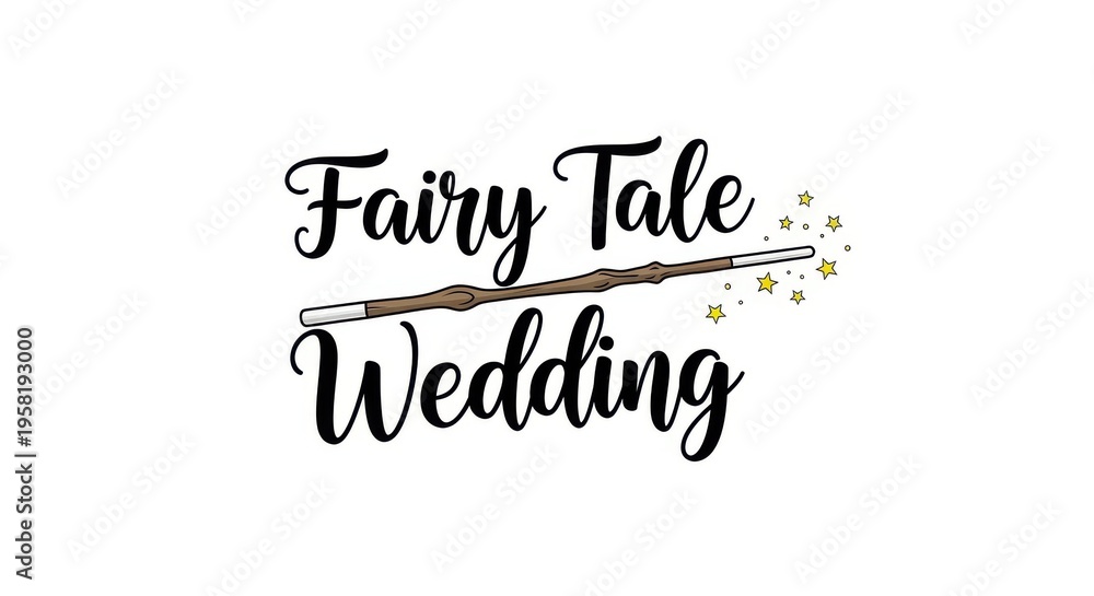 Fototapeta premium Fairy tale wedding logo with magic wand and sparkles on white background beautiful design wedding th