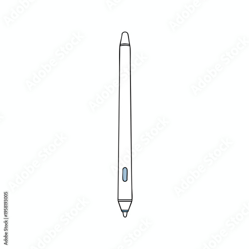 A digital stylus pen with a light blue oval button and a pointed tip