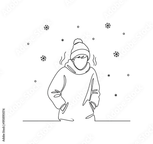 Winter Chill. Minimalistic one-line drawing figure shivering with hands in pockets and snowflakes falling around, continuous single black line on white