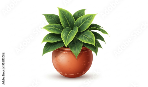 Lush Green Potted Plant with Large Leaves in Textured Pot Vector Illustration