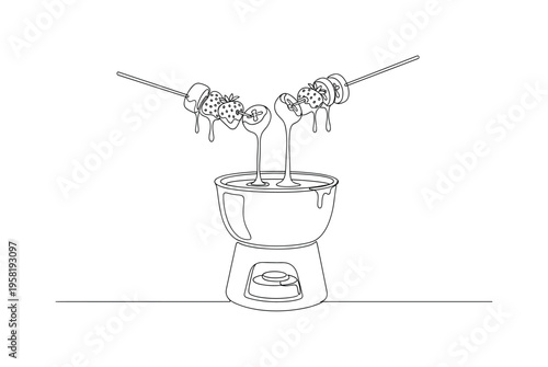Interactive Chocolate Treat. Minimalistic one-line drawing fondue set with skewers and chocolate dripping from fruits, continuous single black line on white