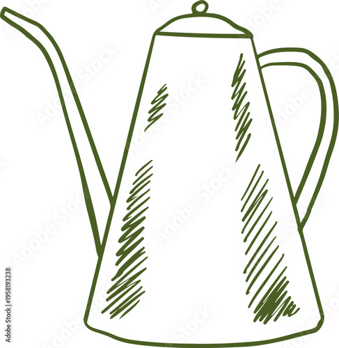 Linear drawing of tin can dispenser with spout. Steel oil cruet. Olive oil hand drawn vintage line art illustrations series