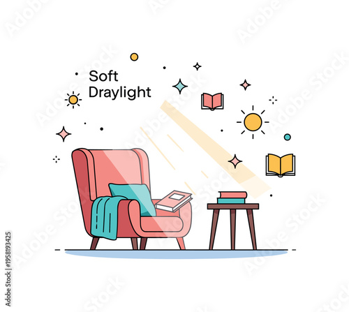 Soft daylight reading nook with soft sunlight streaming onto a chair, a book, and a small side table representing comfort, calm, and tranquil environment.