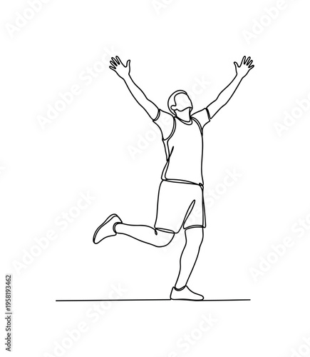 Victory at Sports Day. Minimalistic one-line drawing athlete raising arms in celebration after finishing a race at sports day, continuous single black line on