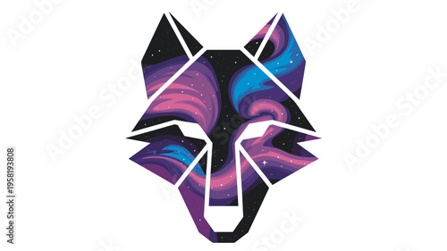 Low poly wolf head vector with purple space nebula – Perfect for digital background art, innovative gaming assets, or trendy merchandise.