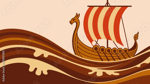 Viking ship with dragon prow in espresso coffee waves – Ideal for coffee shop logos, whimsical kitchen art, or beverage packaging.