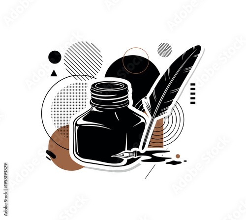 calligraphy ink bottle and quill abstract circles lines and geometric shapes representing traditional lettering tools black and white retro ink and quill