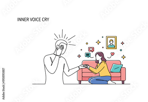 Inner Voice Cry. Minimalistic one-line drawing human figure with expressive lines radiating from head indicating silent scream or repressed emotion, continuous