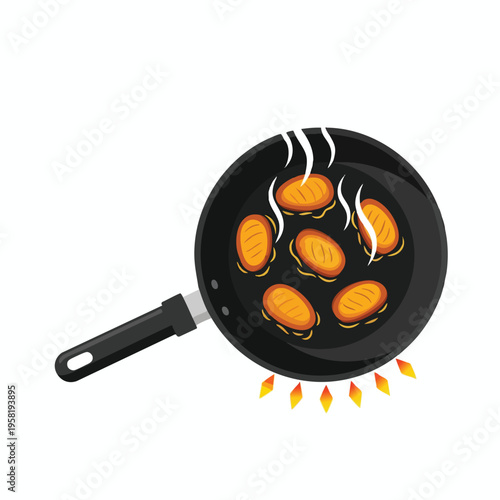 Sizzling food in a frying pan over flames, with steam rising