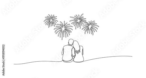 Intimate Fireworks Scene. Minimalistic one-line drawing couple sitting close together on a rooftop or hill watching fireworks, continuous single black line on