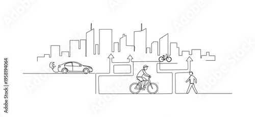 Eco-Friendly Transportation. Minimalistic one-line drawing electric vehicle, bike, and pedestrian pathways integrated into city landscape, continuous single
