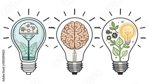 A vector graphic illustration of three light bulbs representing ideas and innovation with a brain and plants growing inside them.