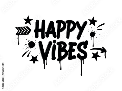 Happy Vibes. lettering and all elements in black. Vector style. AWhite background. Pure white background. Perfect isolation and visual consistency. Dynamic