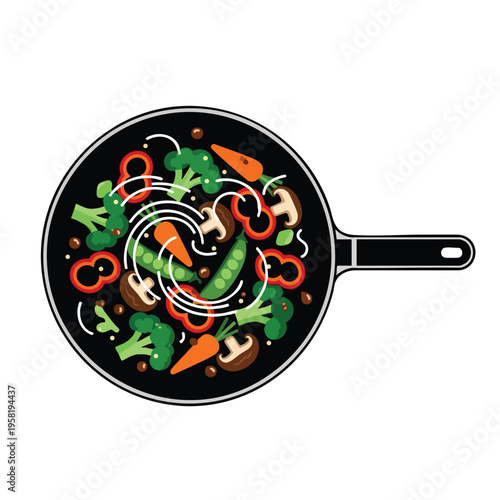 A cartoon wok filled with colorful vegetables and steam swirls