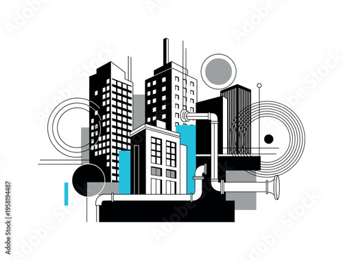 rainwater harvesting system on city building abstract circles lines and geometric shapes representing sustainable water use black and white retro building and