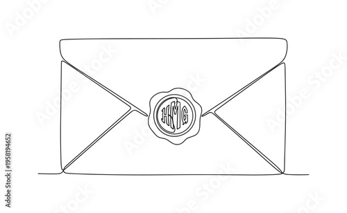 Letter With Monogram Seal. Minimalistic one-line drawing envelope featuring a personalized monogram seal in wax, continuous single black line on