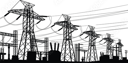 High voltage power transmission towers silhouette, electricity grid infrastructure with industrial power lines landscape vector illustration