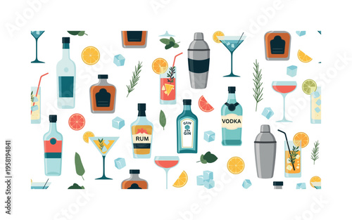 alcoholic beverages seamless pattern, vodka, gin, rum, whiskey, cocktail shakers, glasses, citrus slices, ice cubes and herbs arranged in a repeating pattern,