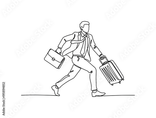 Traveling Executive. Minimalistic one-line drawing professional carrying briefcase and suitcase rushing to a corporate appointment, continuous single black