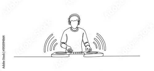 Online DJ Concert. Minimalistic one-line drawing DJ performing behind a console with digital waves representing virtual audience connection, continuous single