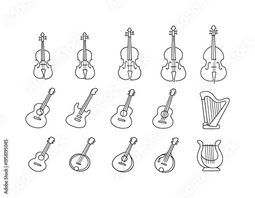 String Instruments Set. Minimalistic set one-line drawing violin, viola, cello, double bass, acoustic guitar, electric guitar, classical guitar, harp, ukulele,