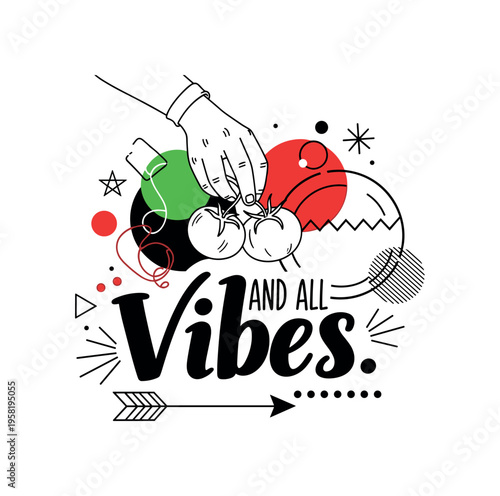 human hand harvesting tomatoes abstract circles lines and geometric shapes representing productive urban gardening black and white retro hand and tomato