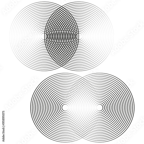 Venn diagram set. Overlapping Vector circles. Round interference pattern. Geometric shape union. Manual vector only. No autotrace used.