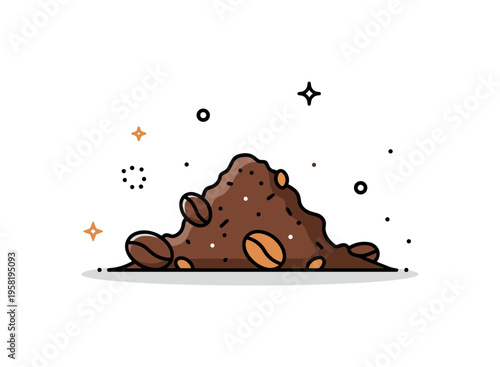 Tiny pile of coffee grounds with small coffee beans and subtle decorative dots, conveying texture, freshness, and cozy morning energy in a minimal, editorial