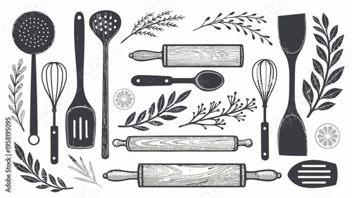 A set of kitchen utensils and leaves in a minimalist black and white illustration