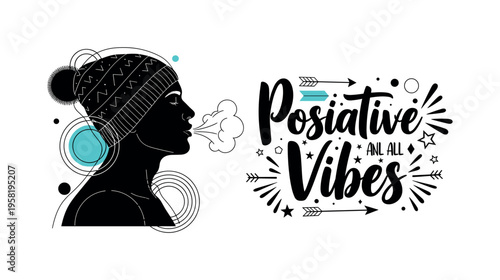 human figure exhaling visible breath in cold morning abstract circles lines and geometric shapes representing chilly breeze and crisp air black and white retro