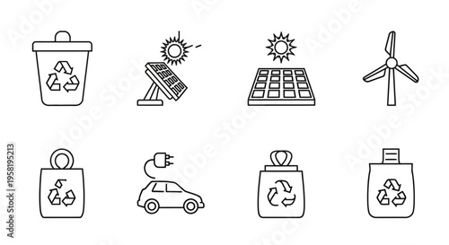 Set of green energy and eco-friendly icons solar panels, wind turbine, electric car, and recycling bin symbols, representing sustainability and environmental protection