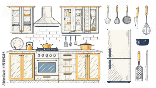 A vector graphic illustration of a modern kitchen with various utensils and appliances