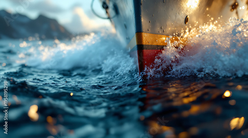A boat's bow slicing through dark blue ocean water, creating dynamic splashes and golden reflections.