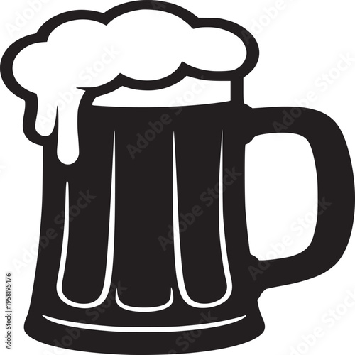 Illustration of a beer mug with foam overflowing in black and white simple graphic design style