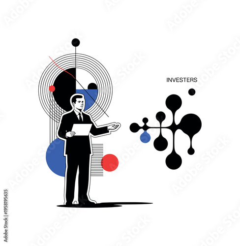 founder presenting pitch to investors abstract circles lines and geometric shapes representing leadership in scaling startups black and white retro human