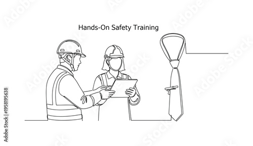 Hands-On Safety Training. Minimalistic one-line drawing participants practicing safety procedures with guidance, continuous single black line on